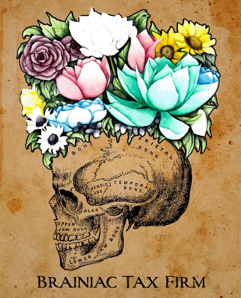 Brainiac Tax Firm LLC skull-and-flowers logo